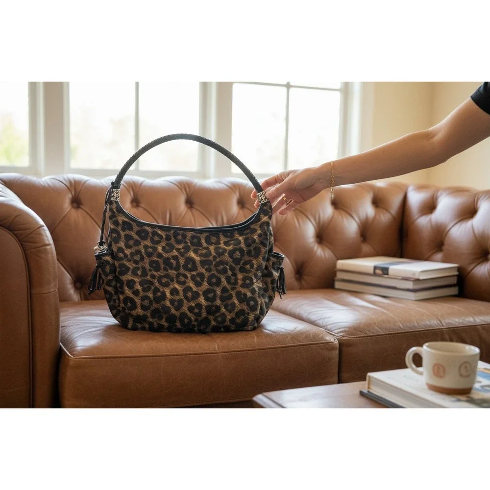 VTG Brighton Leopard Print Nylon Hobo Bag Braided Leather Handle Silver Y2K
